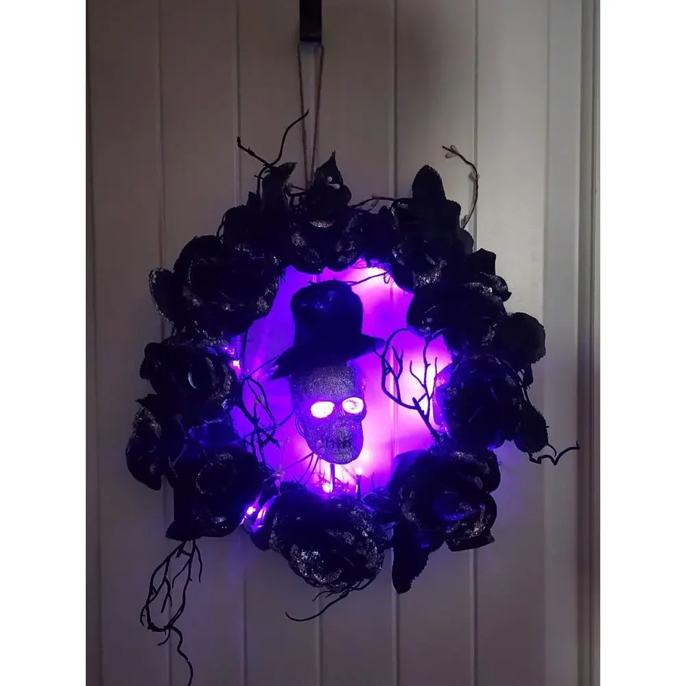 Halloween Purple LED Black Grapevine Wreath Silver Skull Flowers Branches 16